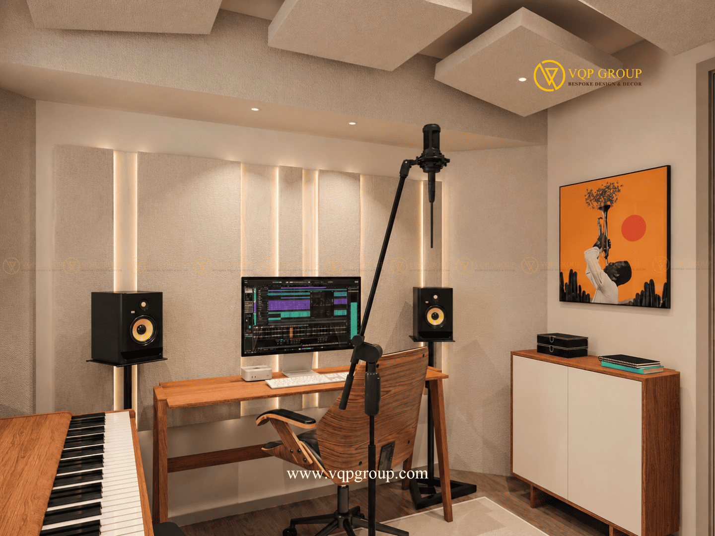 Hệ thống tấm tiêu âm bọc vải trong Music Production Studio tại Cầu Giấy Hà Nội.