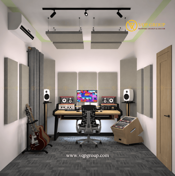 Cải tạo phòng ngủ 15m² thành Music Production Studio tại Thư Lâm Đông Anh với bàn Producer và hệ thống tiêu âm.