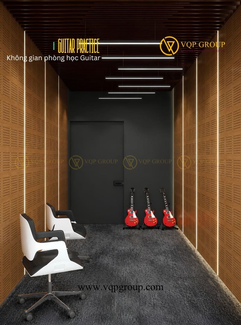 Phòng thực hành Guitar tại trường quốc tế Hải Phòng với không gian học nhạc hiện đại và hệ tiêu âm chuyên dụng