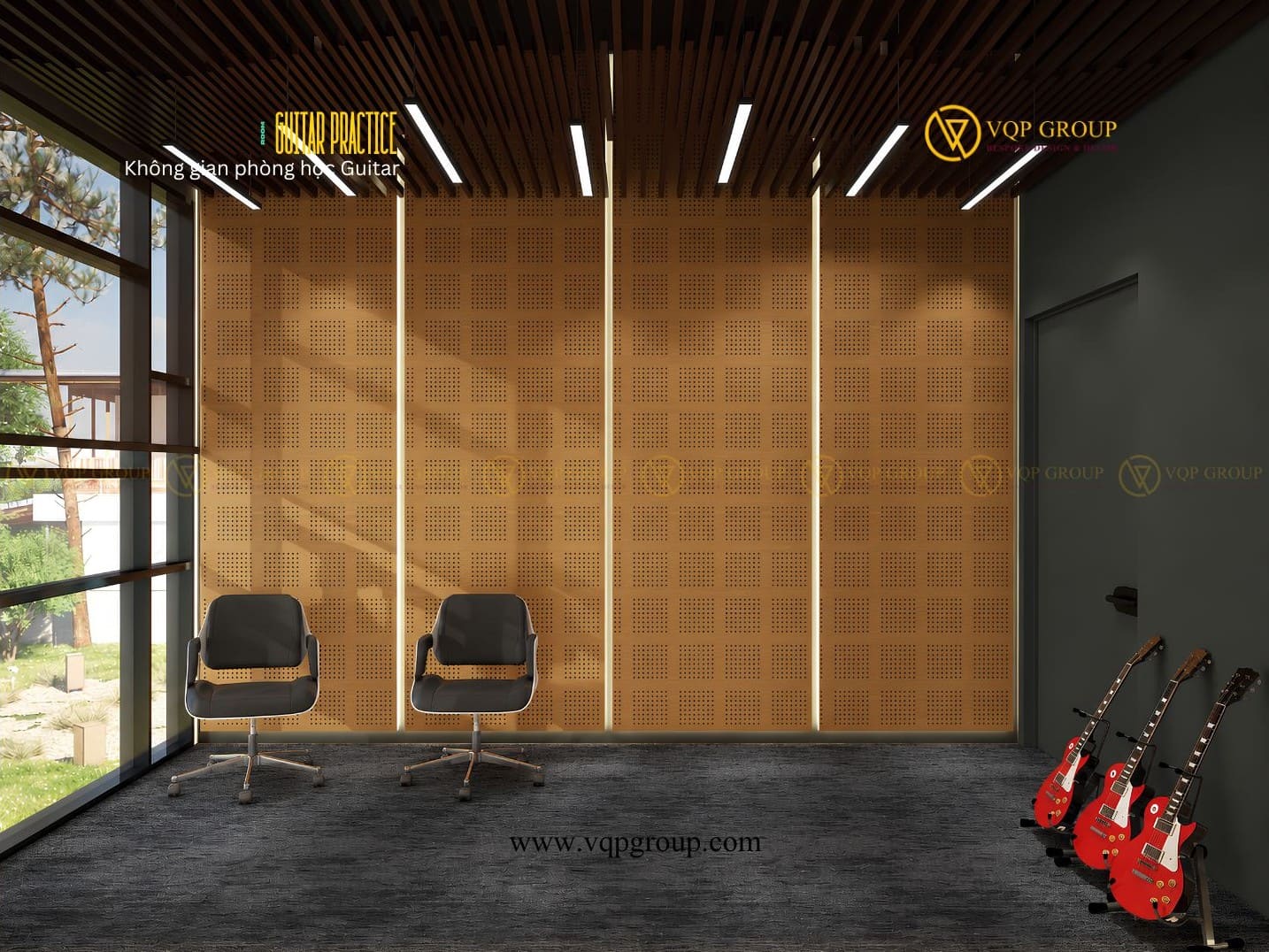 Phòng học Guitar trường quốc tế Hải Phòng với hệ tiêu âm gỗ đục lỗ và thiết kế âm học chuyên nghiệp do VQP Group thực hiện