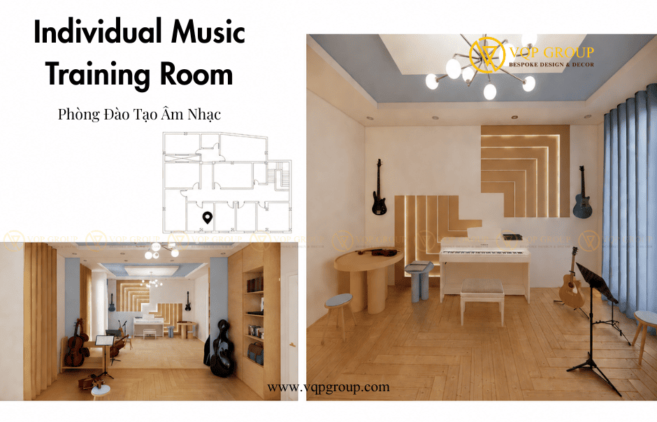 Phòng đào tạo âm nhạc cá nhân tại trường học Hà Nội với không gian Piano và Guitar chuyên nghiệp