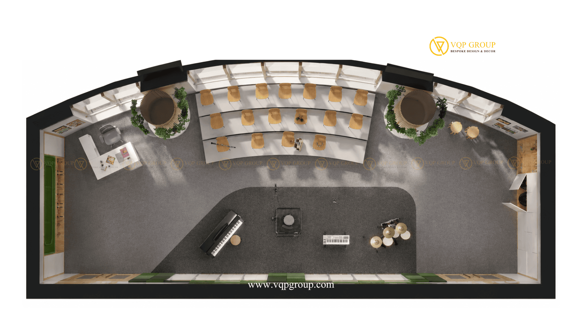 Mặt bằng phòng học âm nhạc trường quốc tế Hạ Long gồm bục hợp xướng piano keyboard và bộ trống
