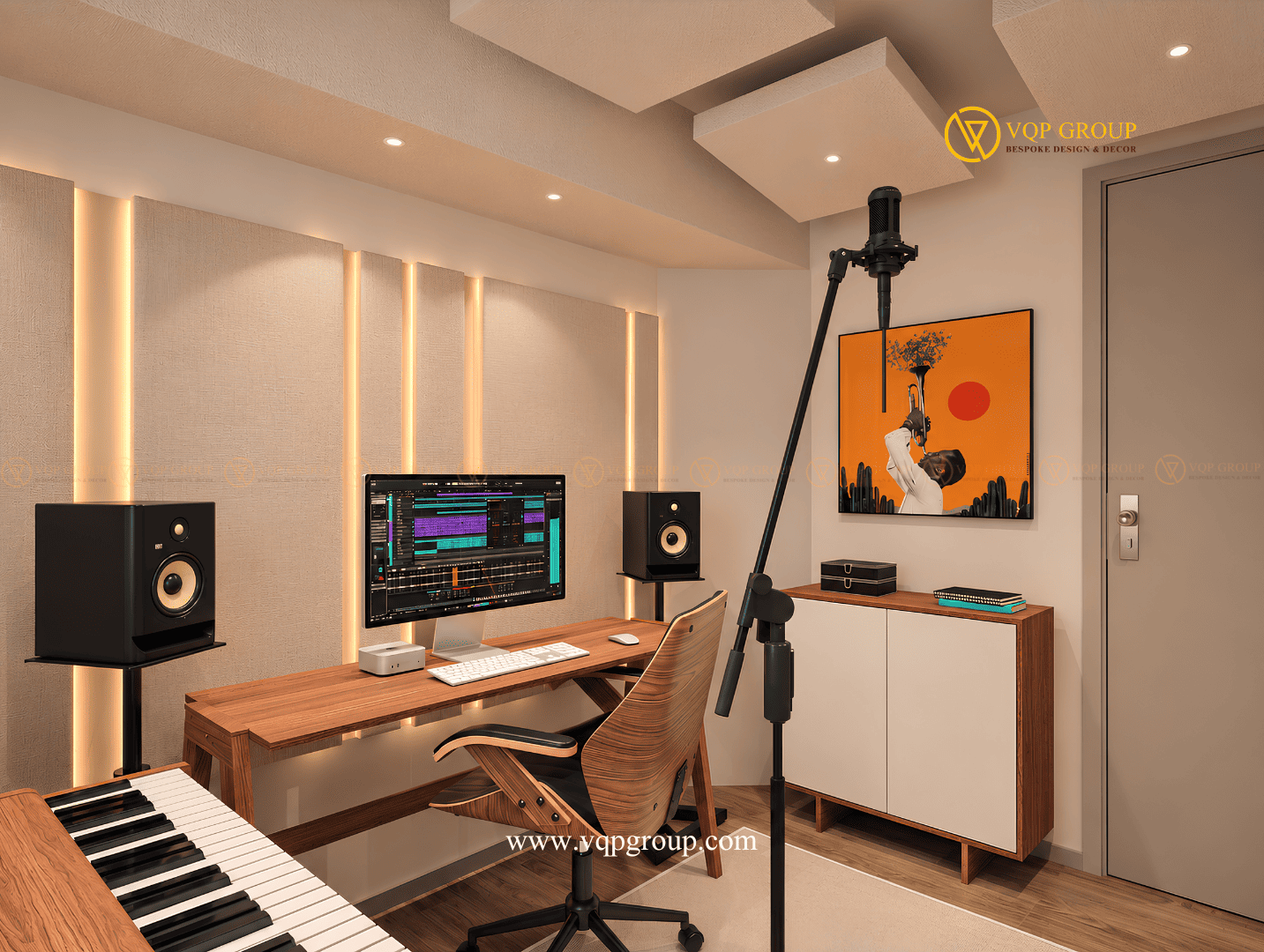 Music Production Studio tại Nghĩa Đô Cầu Giấy Hà Nội do VQP GROUP thiết kế thi công với hệ thống tiêu âm và nội thất gỗ hiện đại.