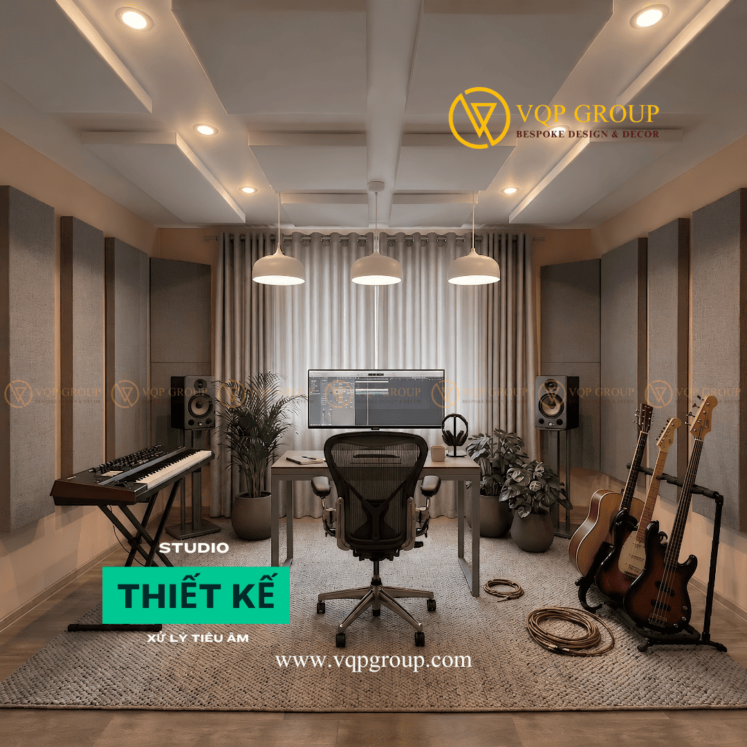 Phối cảnh 3D thiết kế phòng làm nhạc Home Studio hiện đại đầy đủ thiết bị âm thanh chuyên nghiệp