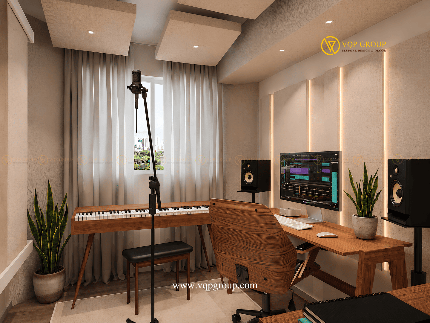 Producer Desk trong Music Production Studio tại Nghĩa Đô Hà Nội với loa kiểm âm và bàn làm việc Ergonomics.