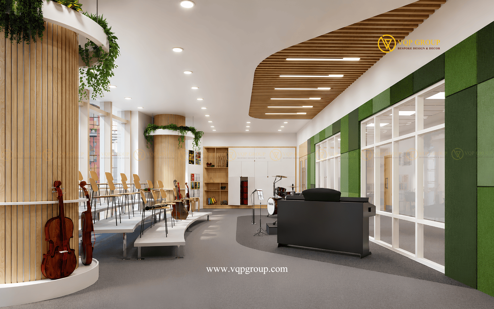 Thiết kế âm học phòng học nhạc tại Hạ Long với trần nan gỗ và tường tiêu âm màu xanh