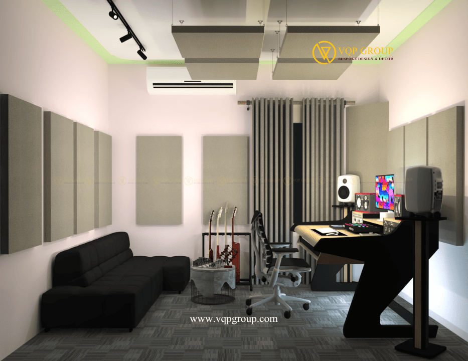 Khu vực sofa và nhạc cụ được bố trí gọn gàng trong phòng Music Production Studio 15m².