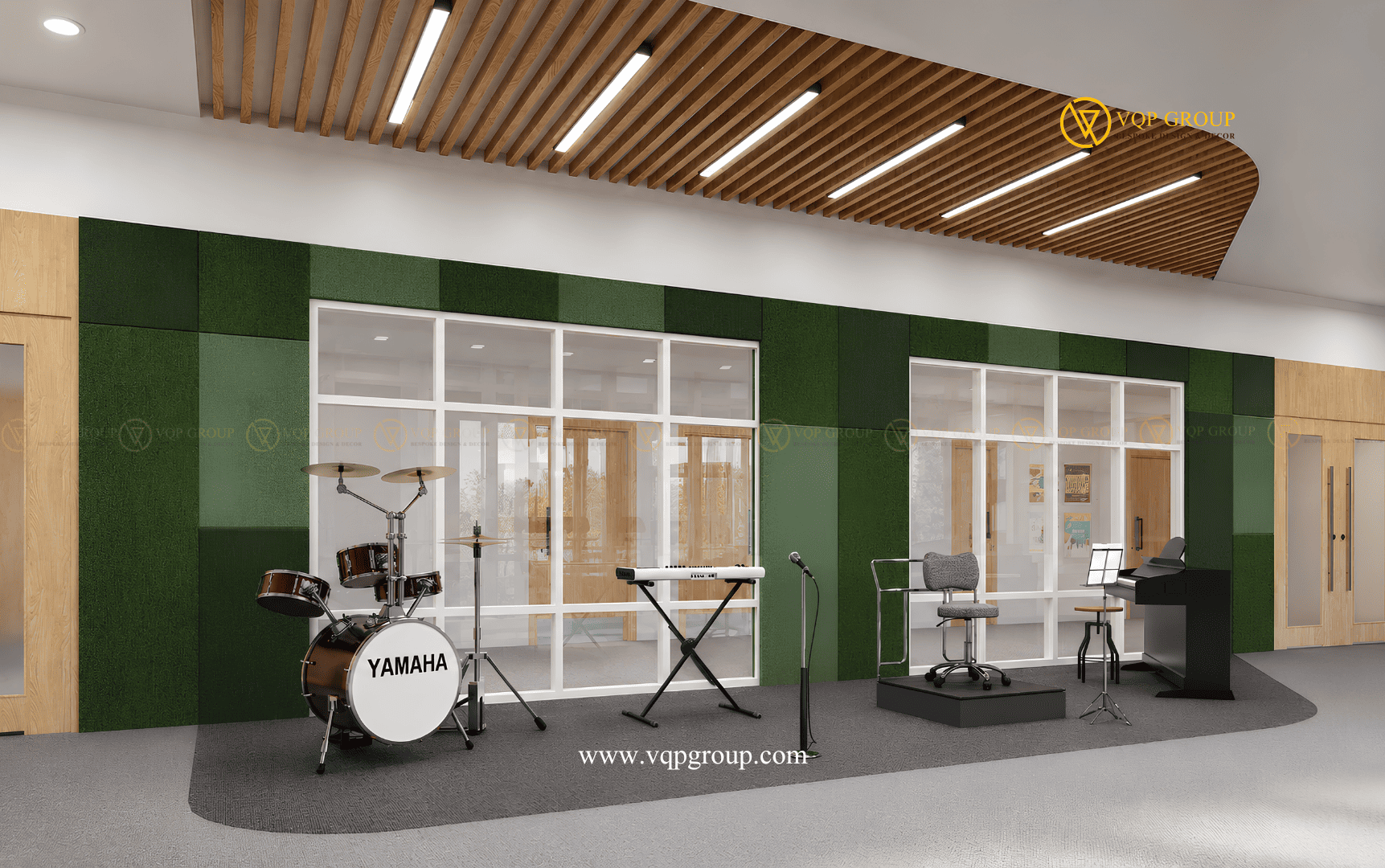 Tiêu âm phòng học âm nhạc trường quốc tế Hạ Long với tấm tiêu âm bọc vải màu xanh