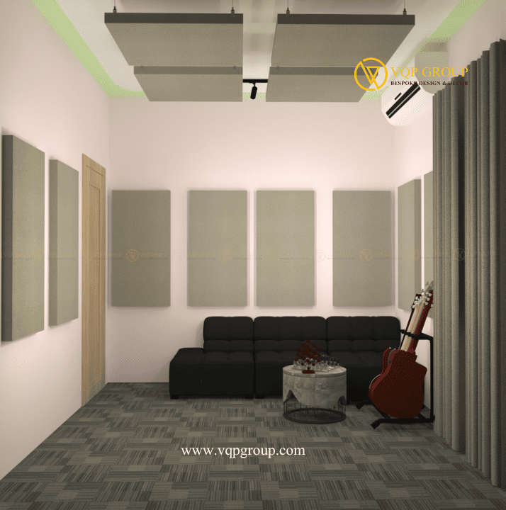Hệ thống tấm tiêu âm bọc vải trong phòng ngủ 15m² cải tạo thành phòng thu tại Đông Anh Hà Nội.