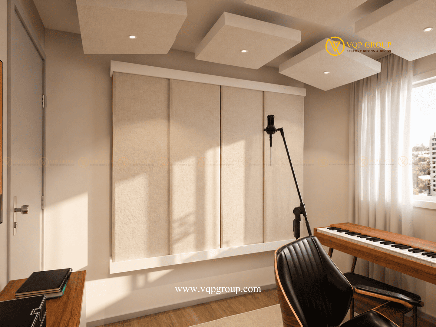 Khu vực Vocal Recording trong Music Production Studio tại Nghĩa Đô với micro condenser và hệ thống tiêu âm chuyên nghiệp.